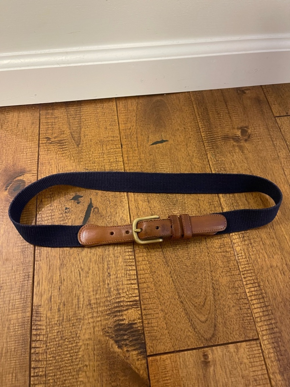 Coach Mens 30 Natural Linen Leather Navy Blue Brown Belt Brass Preppy Classic